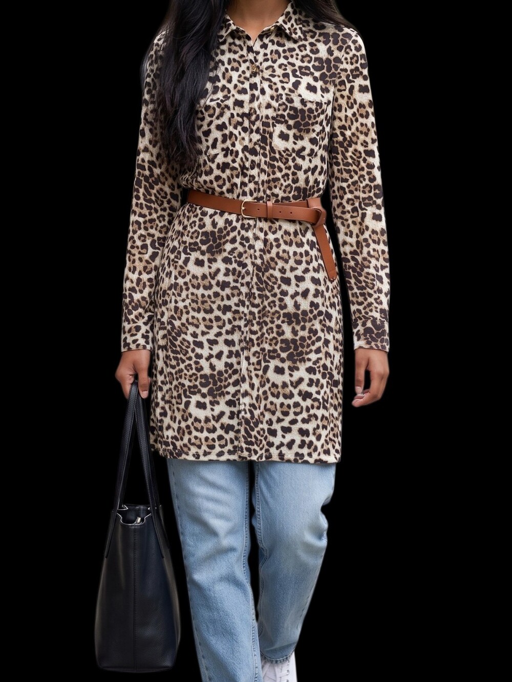BCBG Leopard Print Shirt Dress Midi Button Front Effortless Cool Neutral Chic - Picture 2 of 7